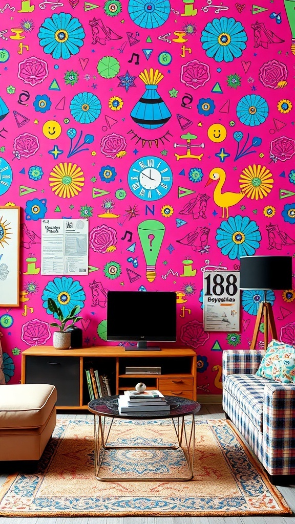 Juicy Y2K Wallpaper Recipe Vibrant Y2K wallpaper with bold patterns in a stylish room.